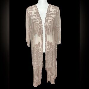 Rebellion Boho Again Open Kimono Duster Womens L Tan Embroidered Mesh Lace Beach